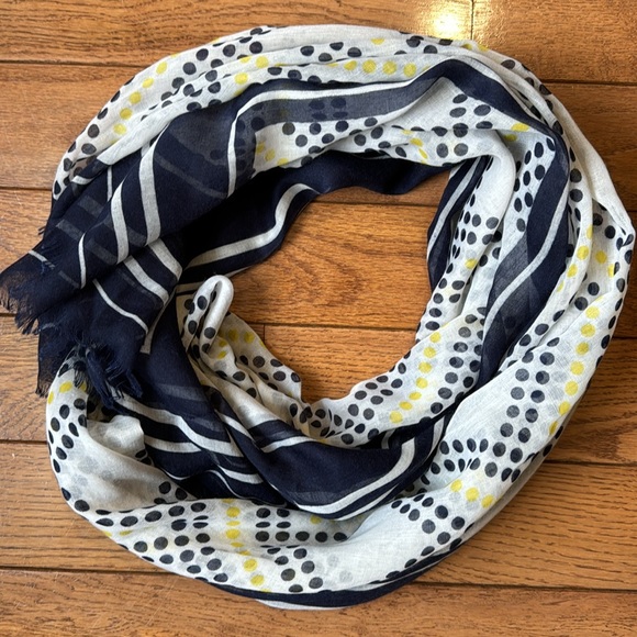 Dunnes Stores Sheer Pastel Yellow, Navy Blue & White Polka Dot Scarf - Picture 2 of 6